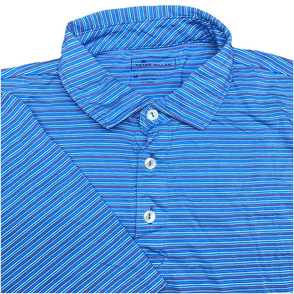 Peter Millar Pima Cotton Men's Medium‎ Golf Polo, Multicolor Pinstripes Stretch